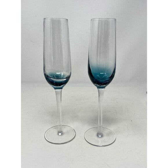 Set Of 2 Pier 1 One Crackle Glass Teal Blue Champagne Glasses Flutes 10" Tall - Picture 8 of 9